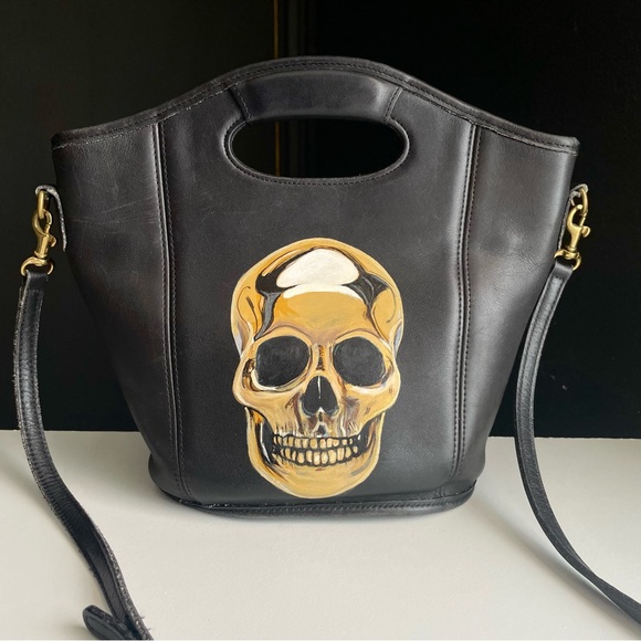 Coach Black Leather Gold Skull Skeleton Shopper Tote 9993 Bag Crossbody handbag - Picture 6 of 16